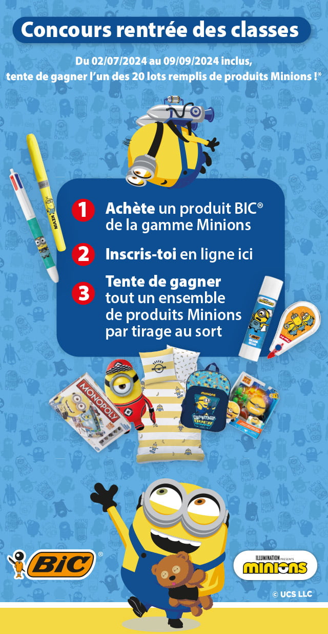 Concours rentrée des classes - Du 02/07/2024 au 09/09/2024 inclus, tente de gagner l'un des 20 lots remplis de produits Minions !